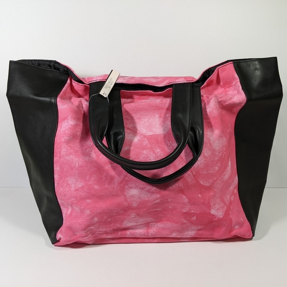 Victoria Secret Getaway Tye Dye Pink Black Faux Leather Beach Summer Tote Bag - Picture 2 of 8